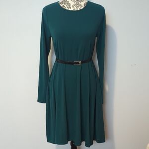 Zenana Outfitters Teal Long-Sleeve Belted Fit-and-Flare Dress